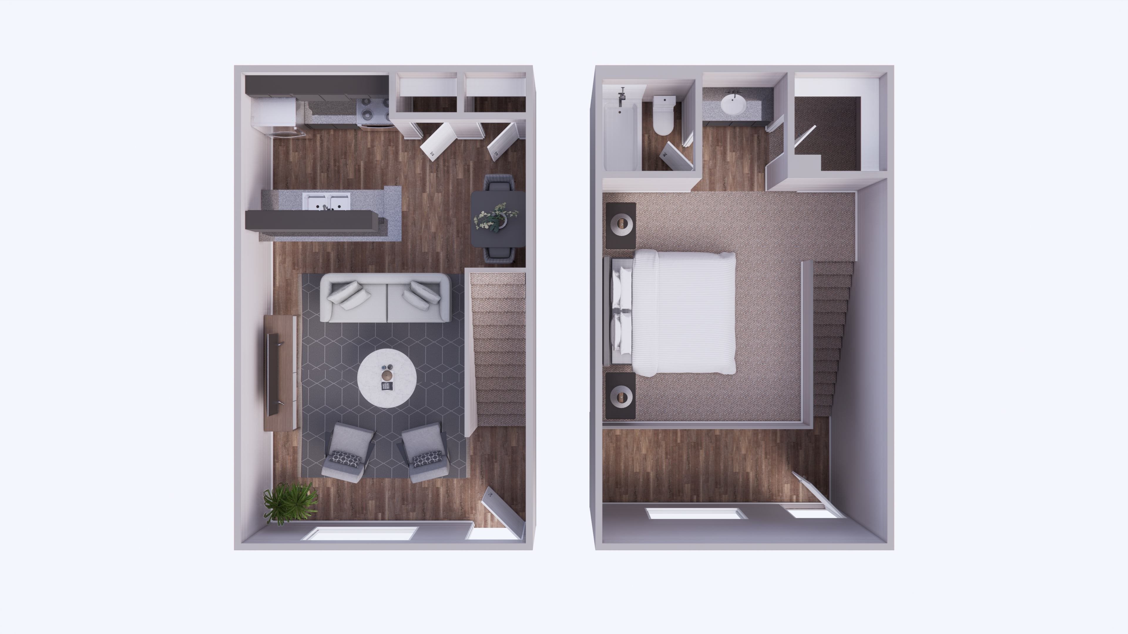 A floor plan of a small apartment with a kitchen, living room, and bedroom.